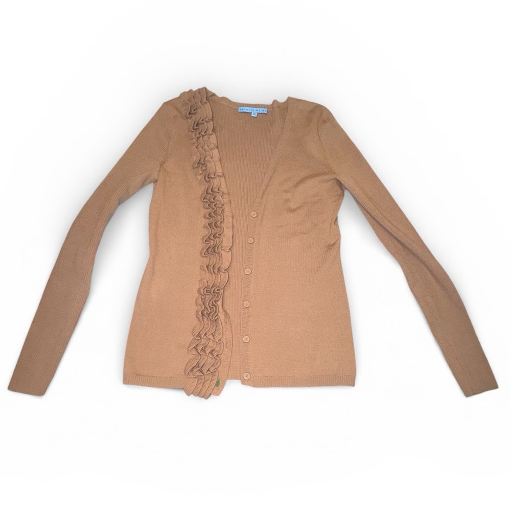 ANTONIO MELANI Brown Ruffle Button Down Wool Blend Cardigan